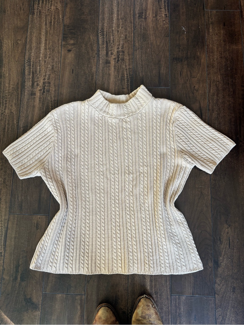 Aime Leon Dore-Style Cream Cable Knit Short Sleeve Sweater Top